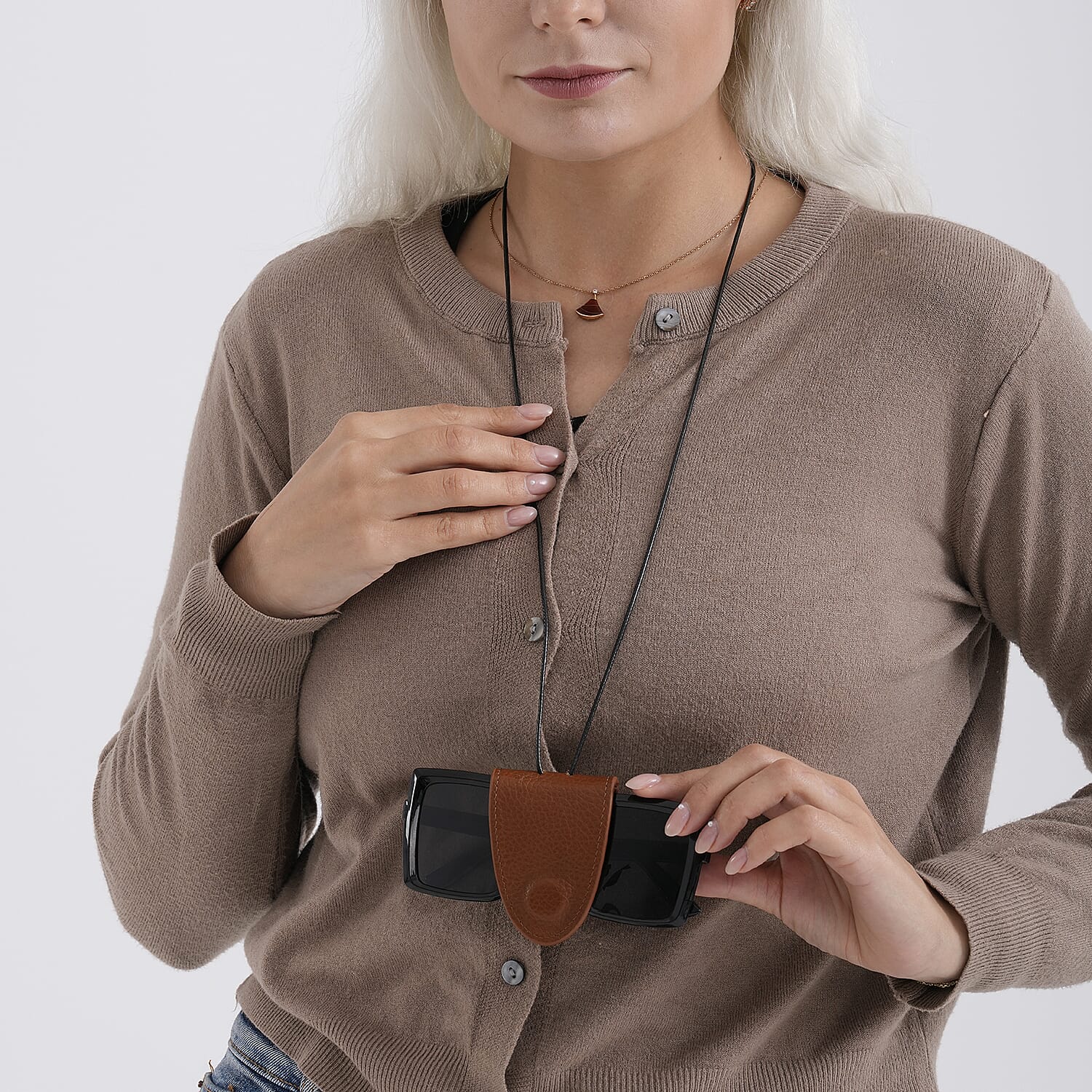 Genuine Leather Magnetic Sunglass Holder Strap - Brown