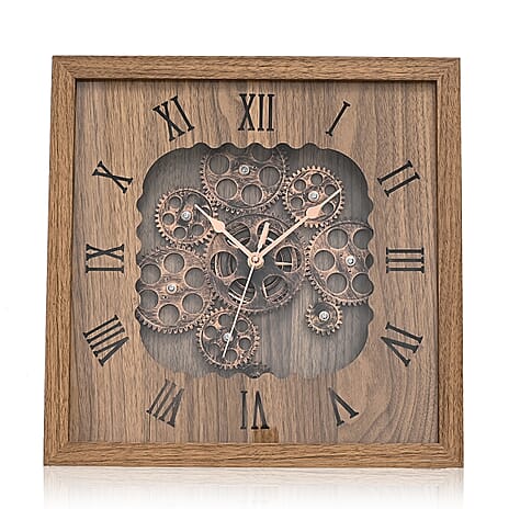 Rotating Gear - Roman Numeral Industrial Mechanical Clock with Textured Wood-Effect Square Frame - Beige.