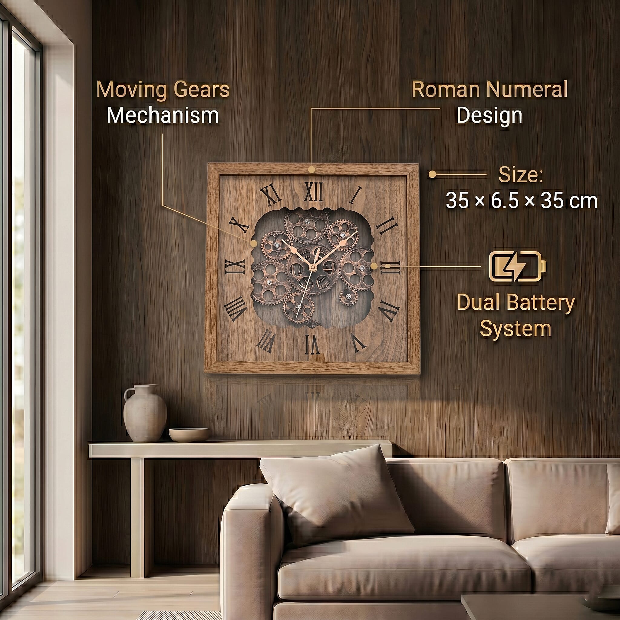 Rotating Gear - Roman Numeral Industrial Mechanical Clock with Textured Wood-Effect Square Frame - Beige.