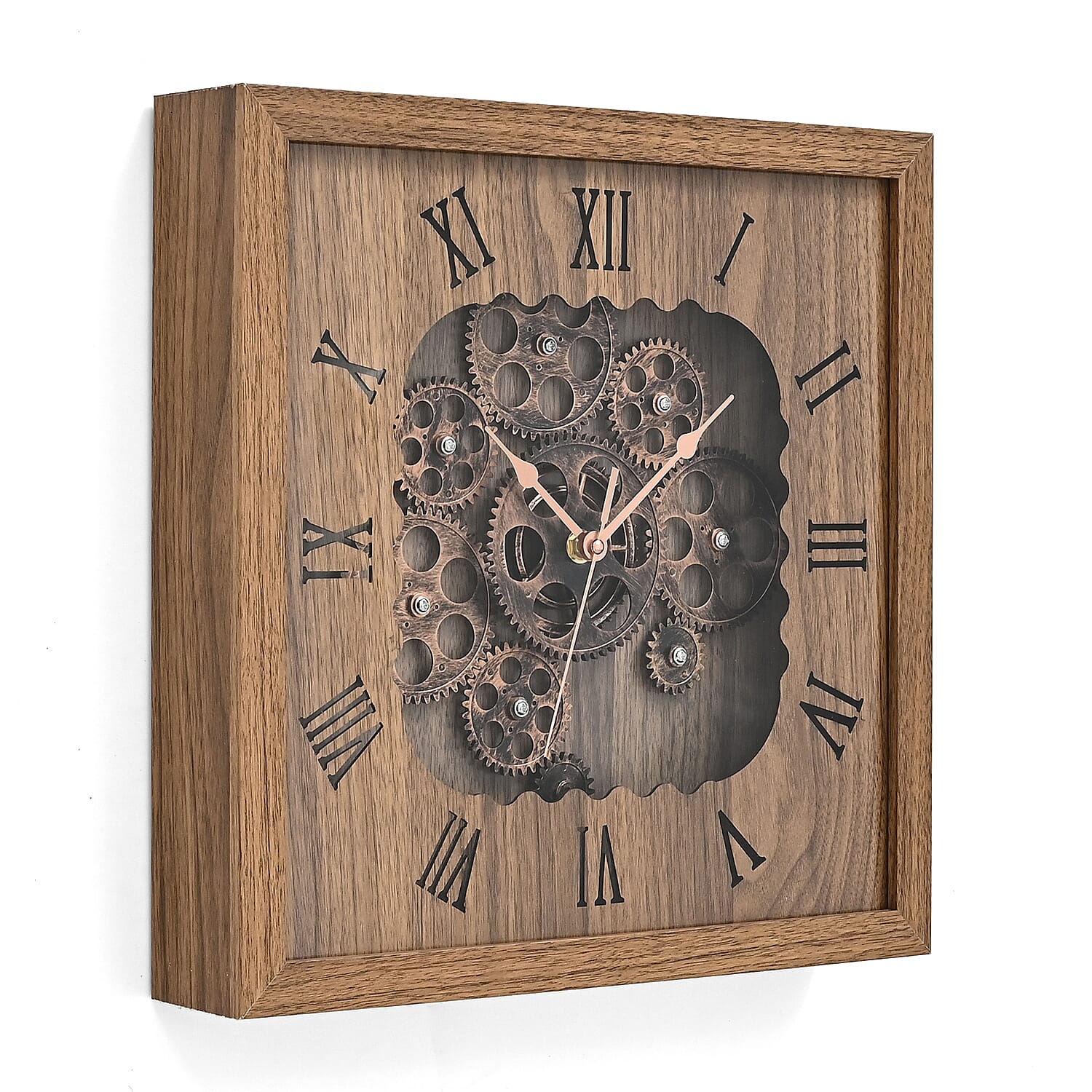 Rotating Gear - Roman Numeral Industrial Mechanical Clock with Textured Wood-Effect Square Frame - Beige.