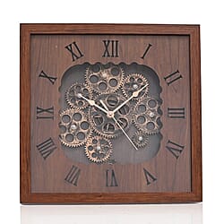 Rotating Gear - Roman Numeral Industrial Mechanical Clock with Textured Wood-Effect Square Frame - Brown.