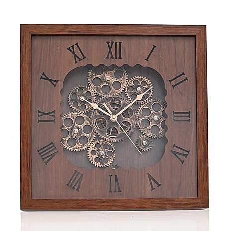 Rotating Gear - Roman Numeral Industrial Mechanical Clock with Textured Wood-Effect Square Frame - Brown.