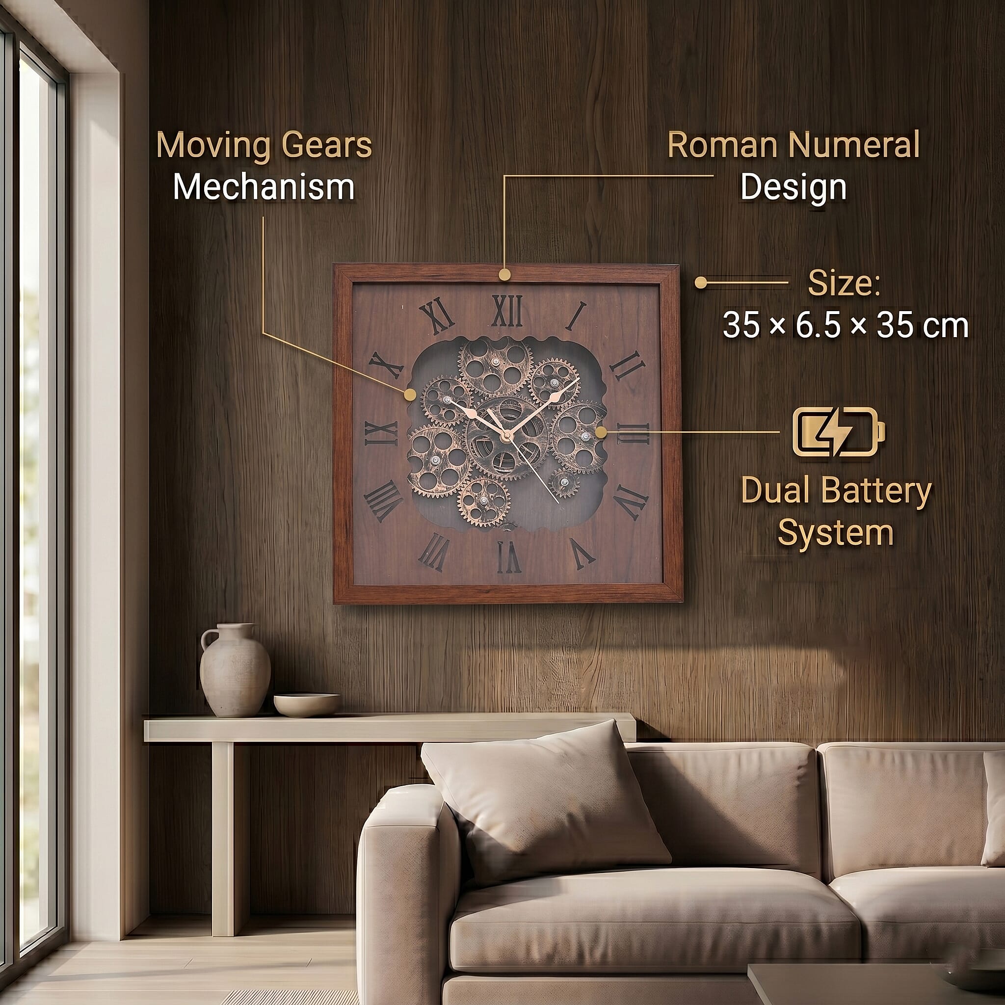 Rotating Gear - Roman Numeral Industrial Mechanical Clock with Textured Wood-Effect Square Frame - Brown.