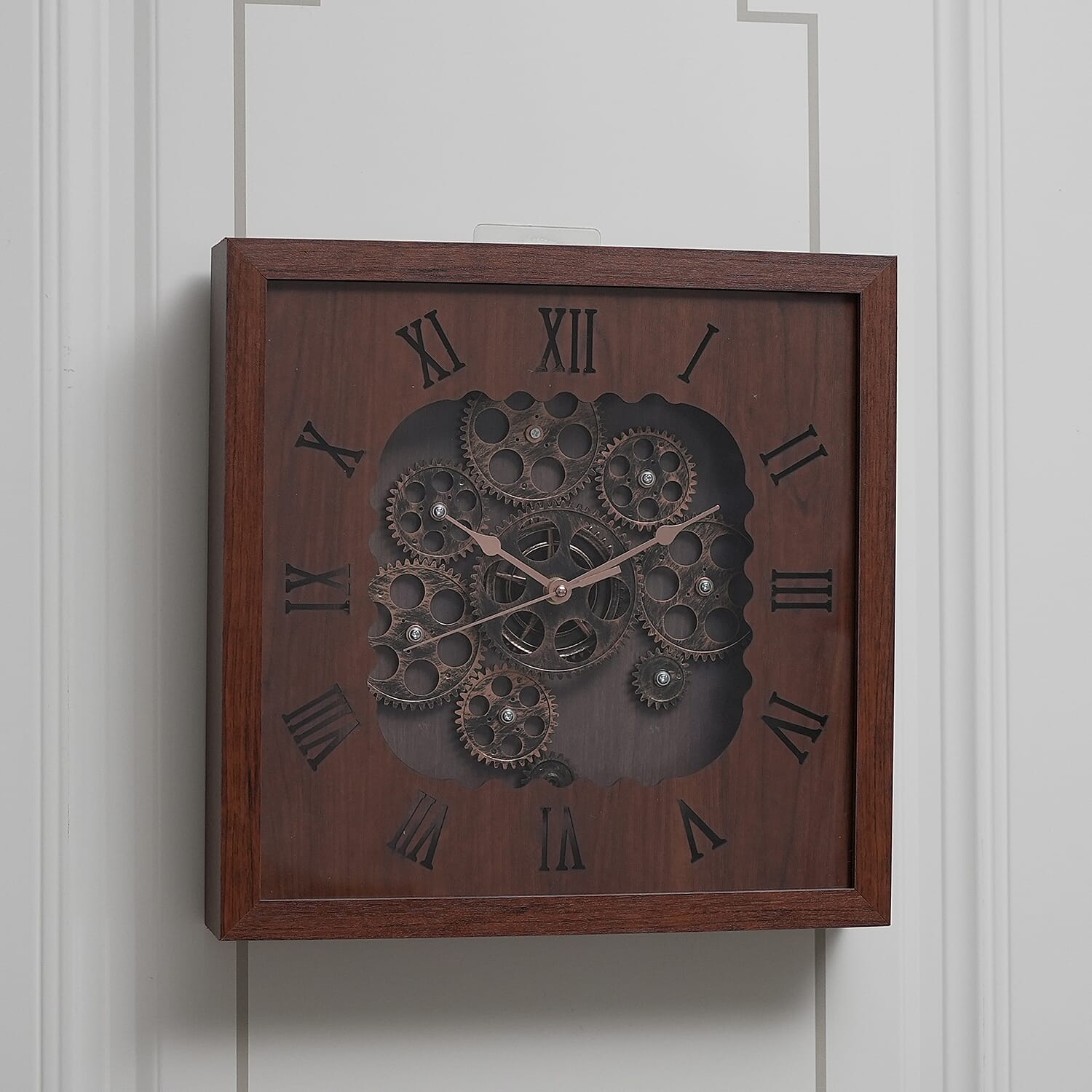 Rotating Gear - Roman Numeral Industrial Mechanical Clock with Textured Wood-Effect Square Frame - Brown.