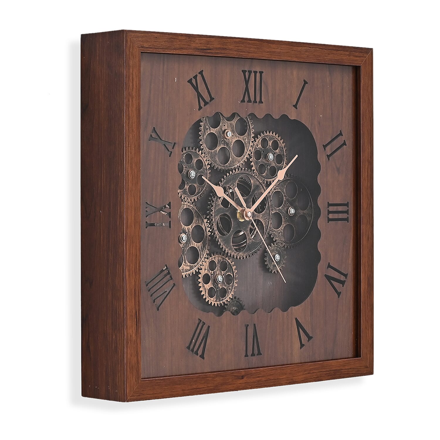 Rotating Gear - Roman Numeral Industrial Mechanical Clock with Textured Wood-Effect Square Frame - Brown.