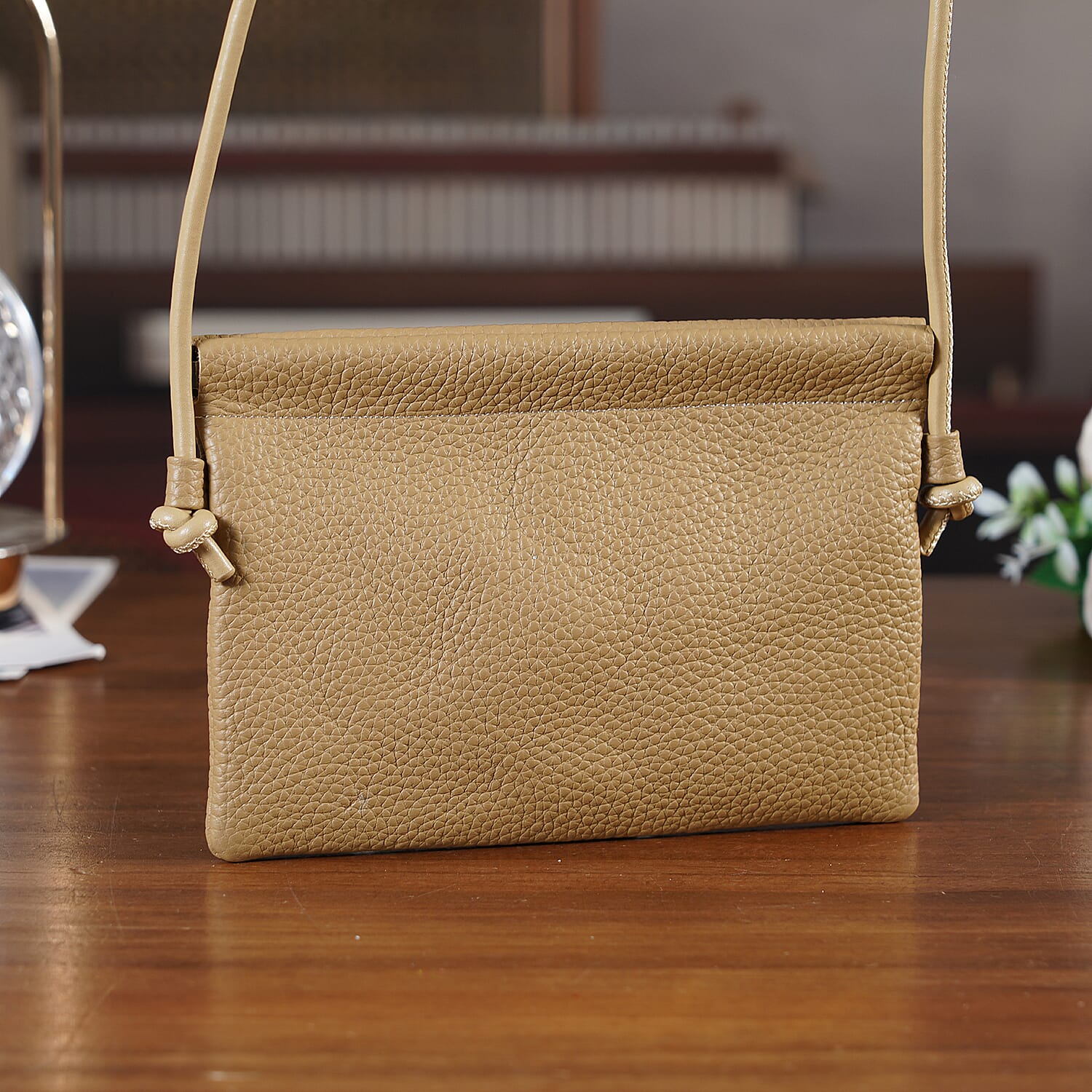 Genuine Leather Slim Crossbody Bag - Camel