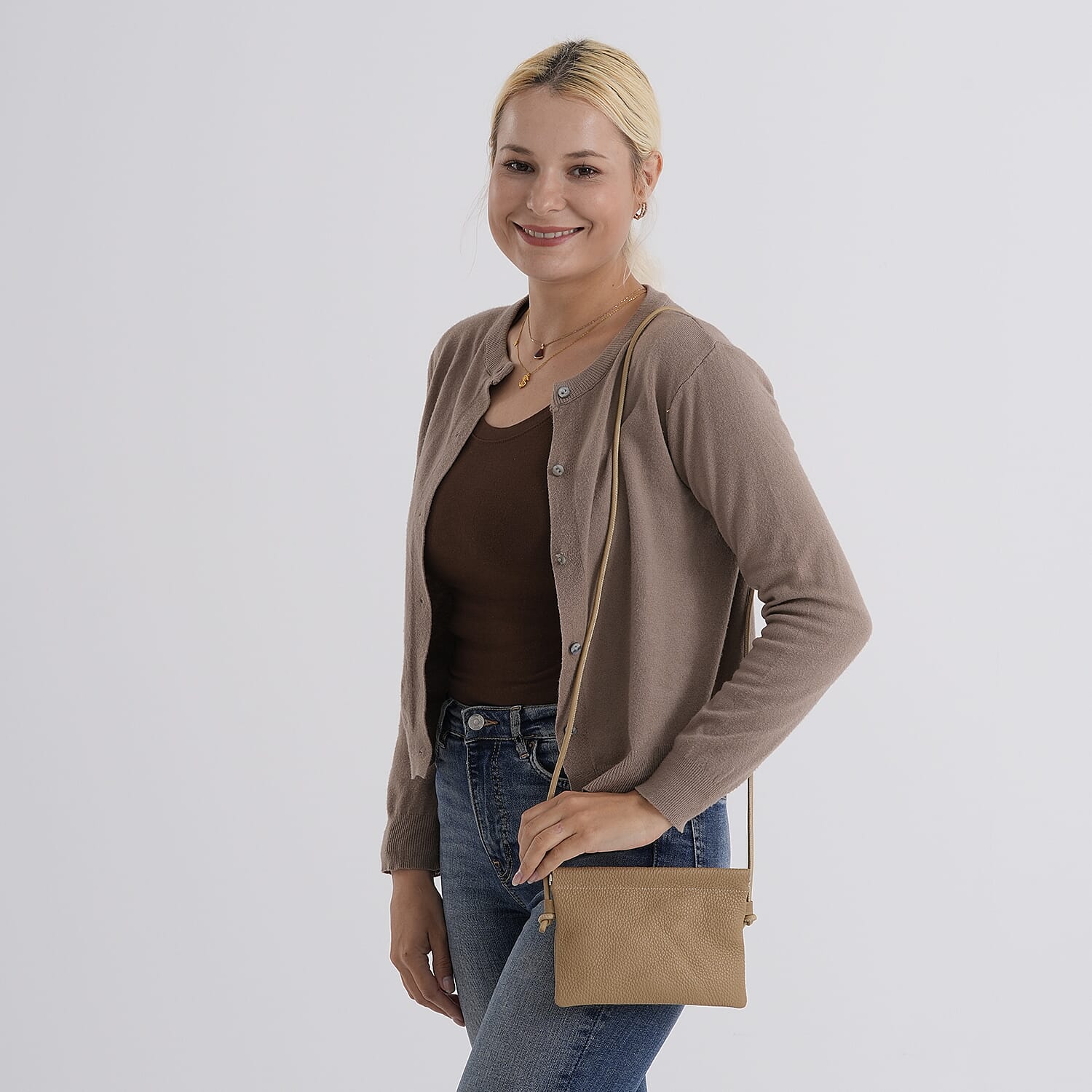 Genuine Leather Slim Crossbody Bag - Camel