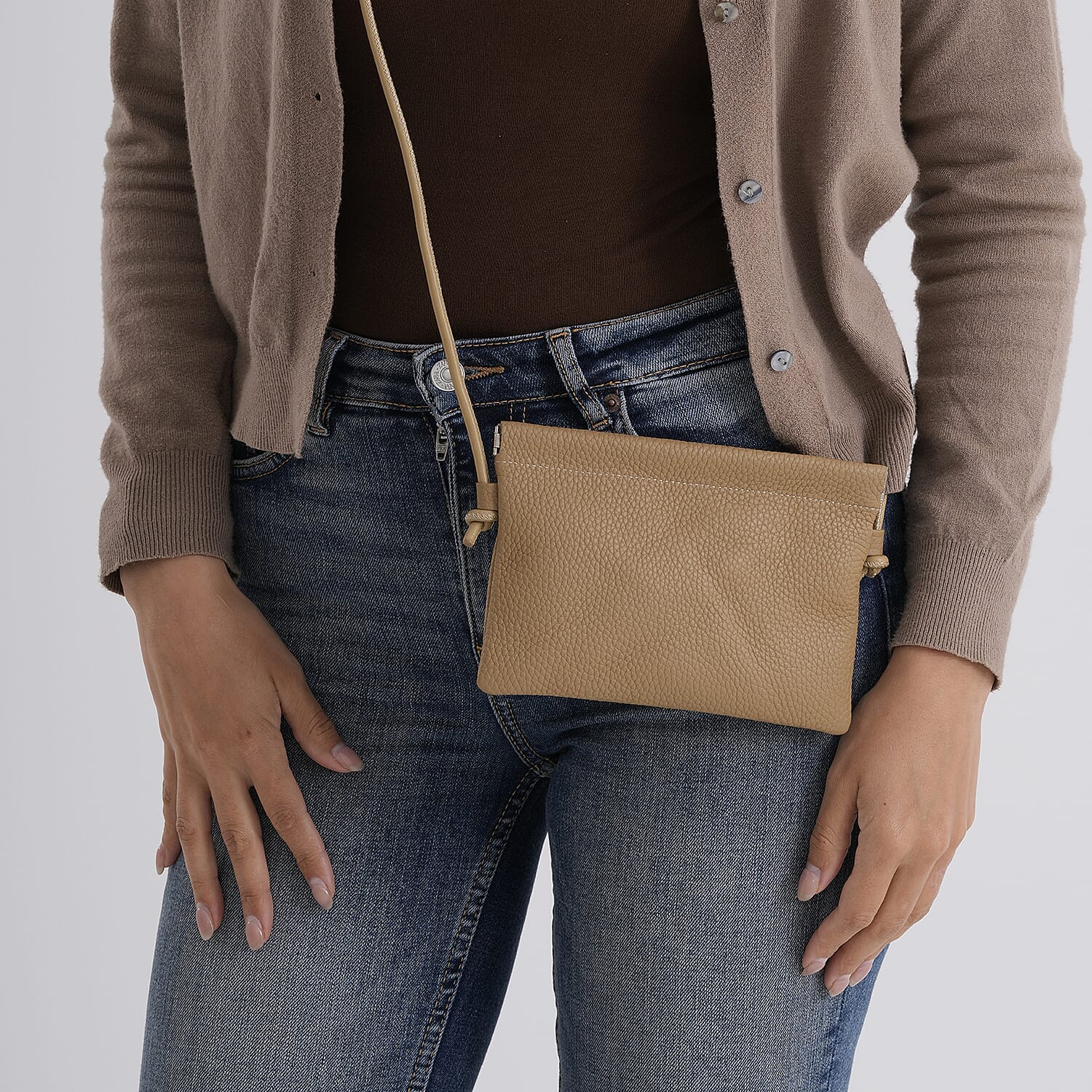 Genuine Leather Slim Crossbody Bag - Camel