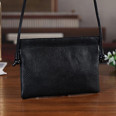 Genuine Leather Slim Crossbody Bag - Black