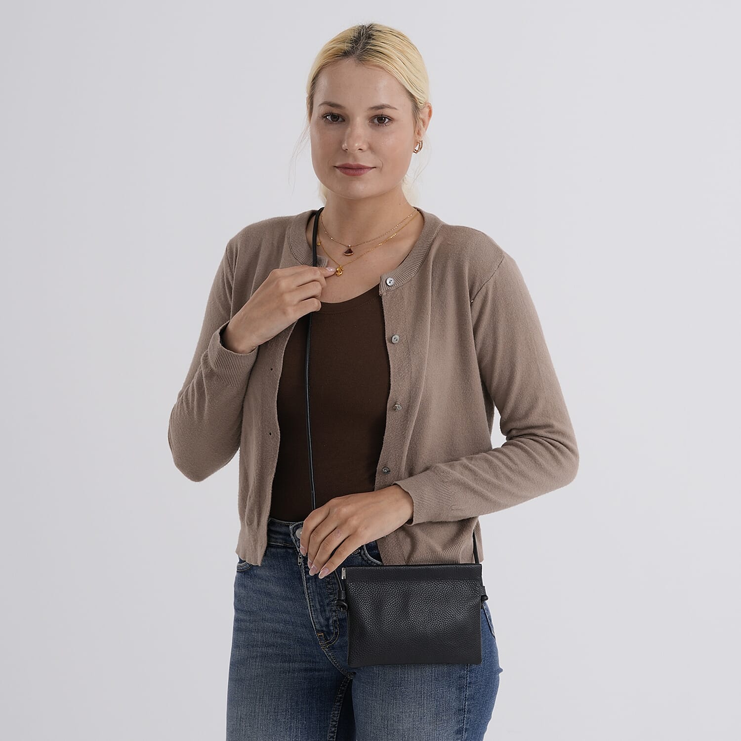 Genuine Leather Slim Crossbody Bag - Black