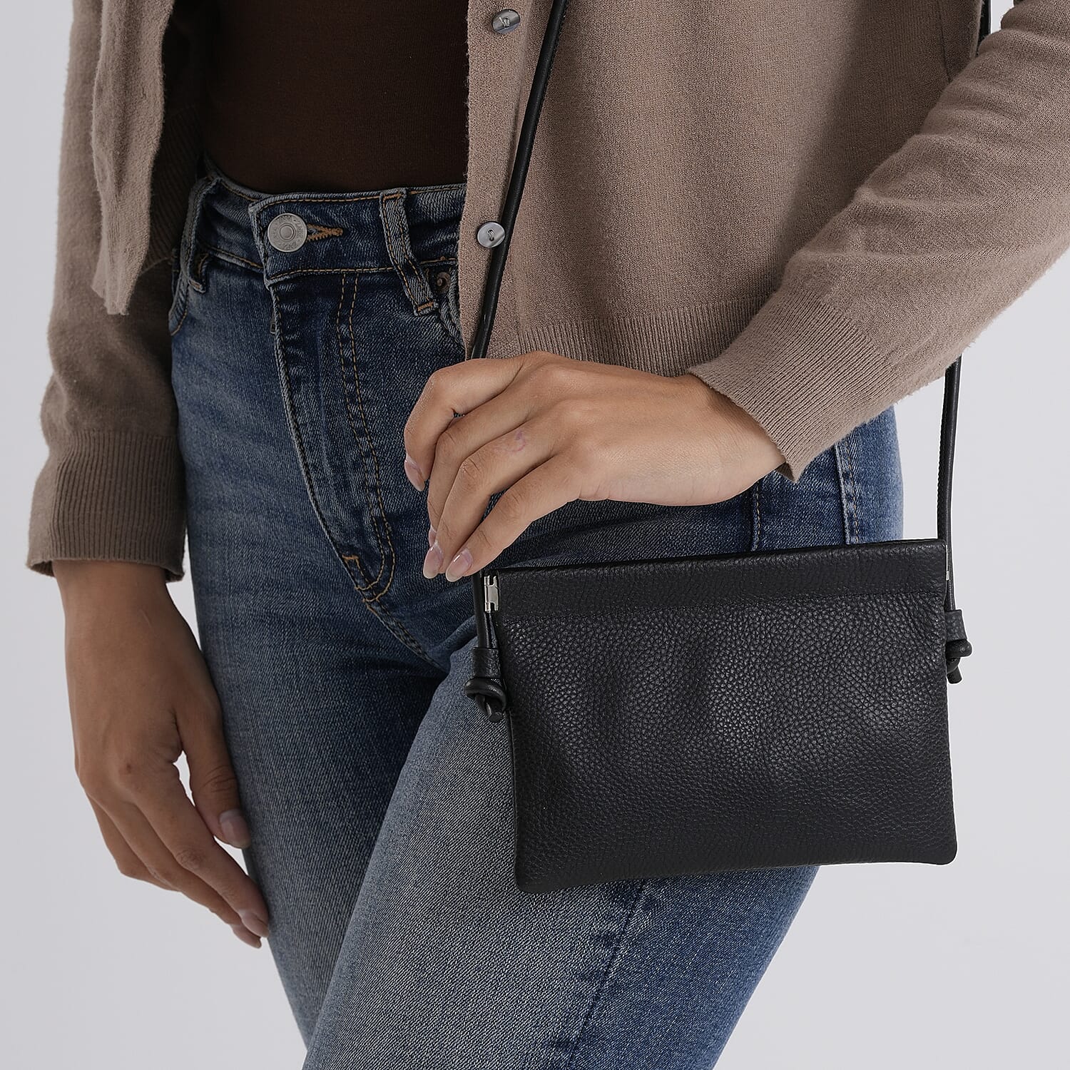 Genuine Leather Slim Crossbody Bag - Black