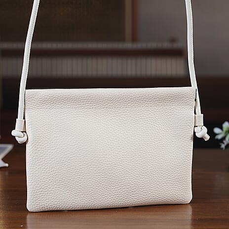 Genuine Leather Slim Crossbody Bag - Cream