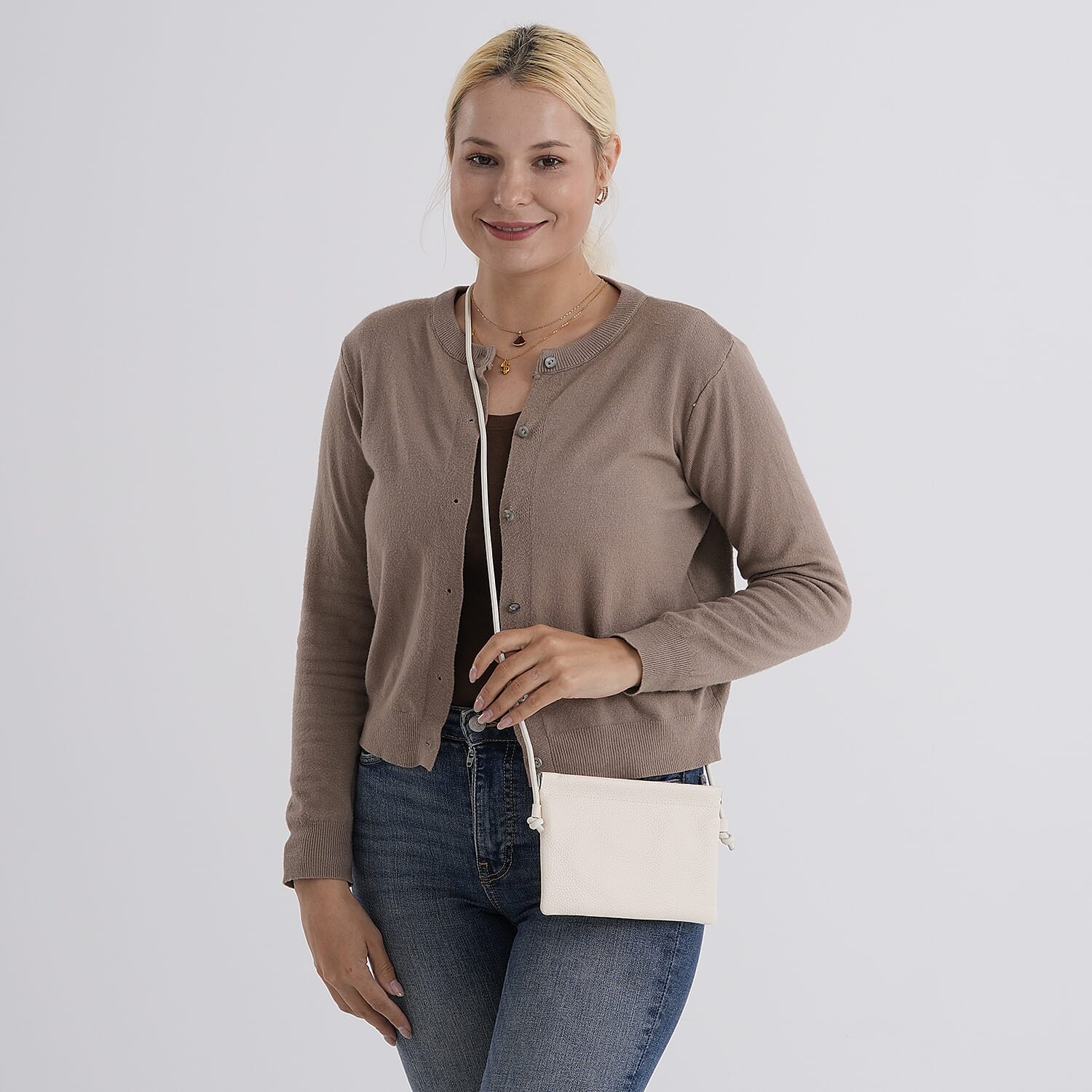 Genuine Leather Slim Crossbody Bag - Cream