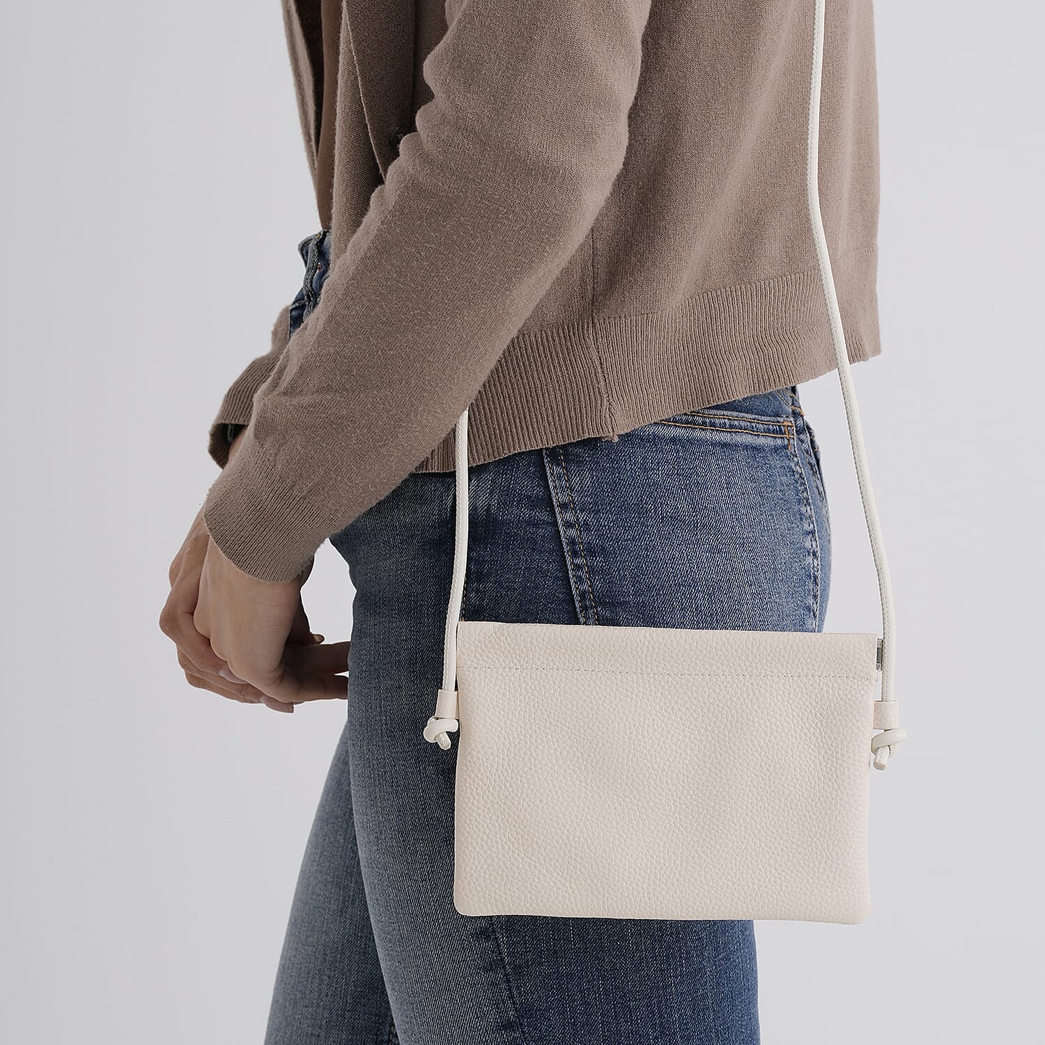 Genuine Leather Slim Crossbody Bag - Cream