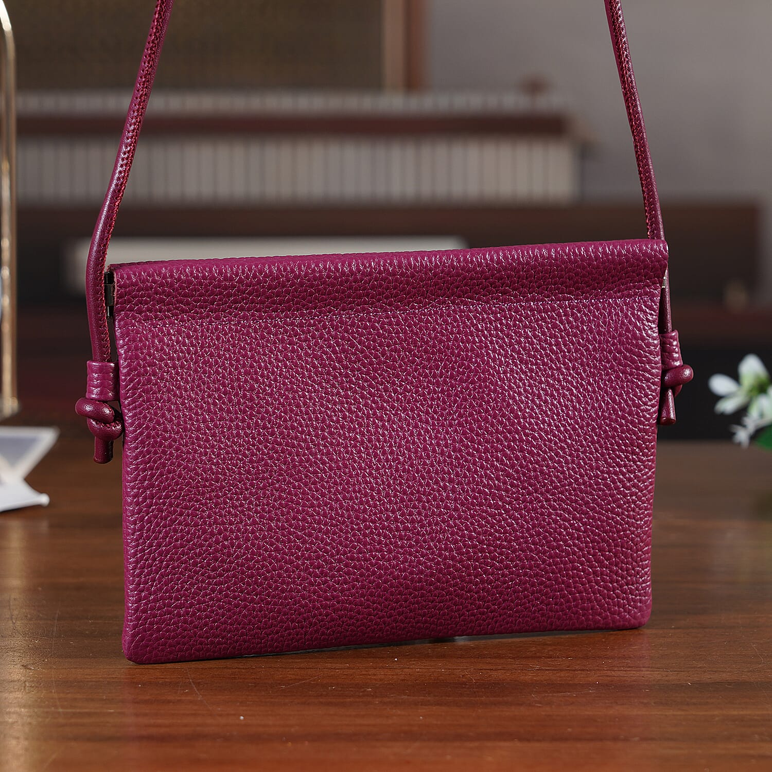 Genuine Leather Slim Crossbody Bag - Burgundy