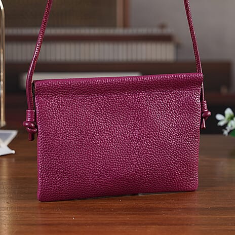Genuine Leather Slim Crossbody Bag - Burgundy