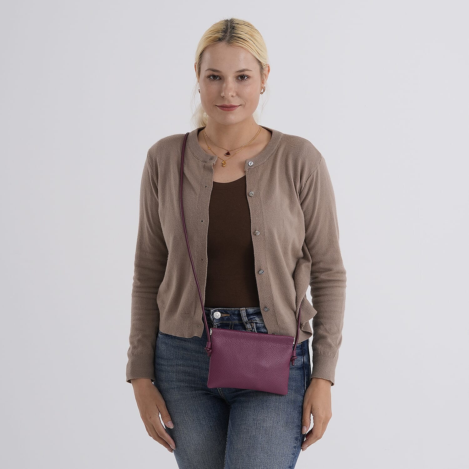 Genuine Leather Slim Crossbody Bag - Burgundy