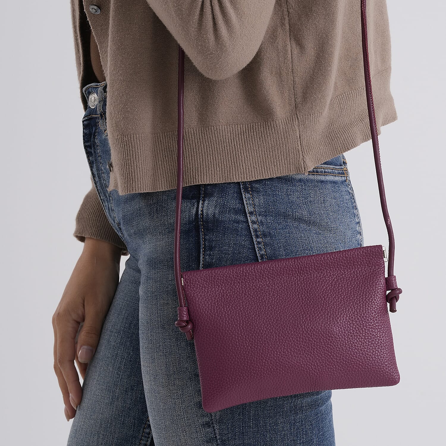 Genuine Leather Slim Crossbody Bag - Burgundy
