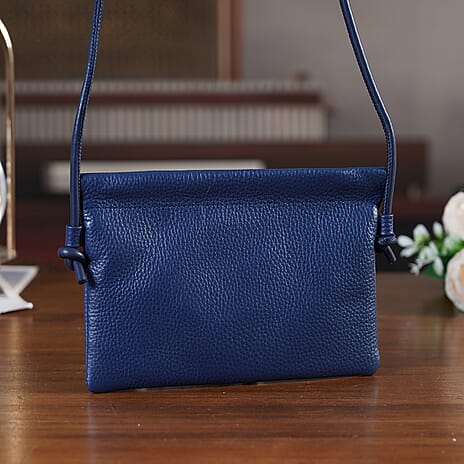 Genuine Leather Slim Crossbody Bag - Blue