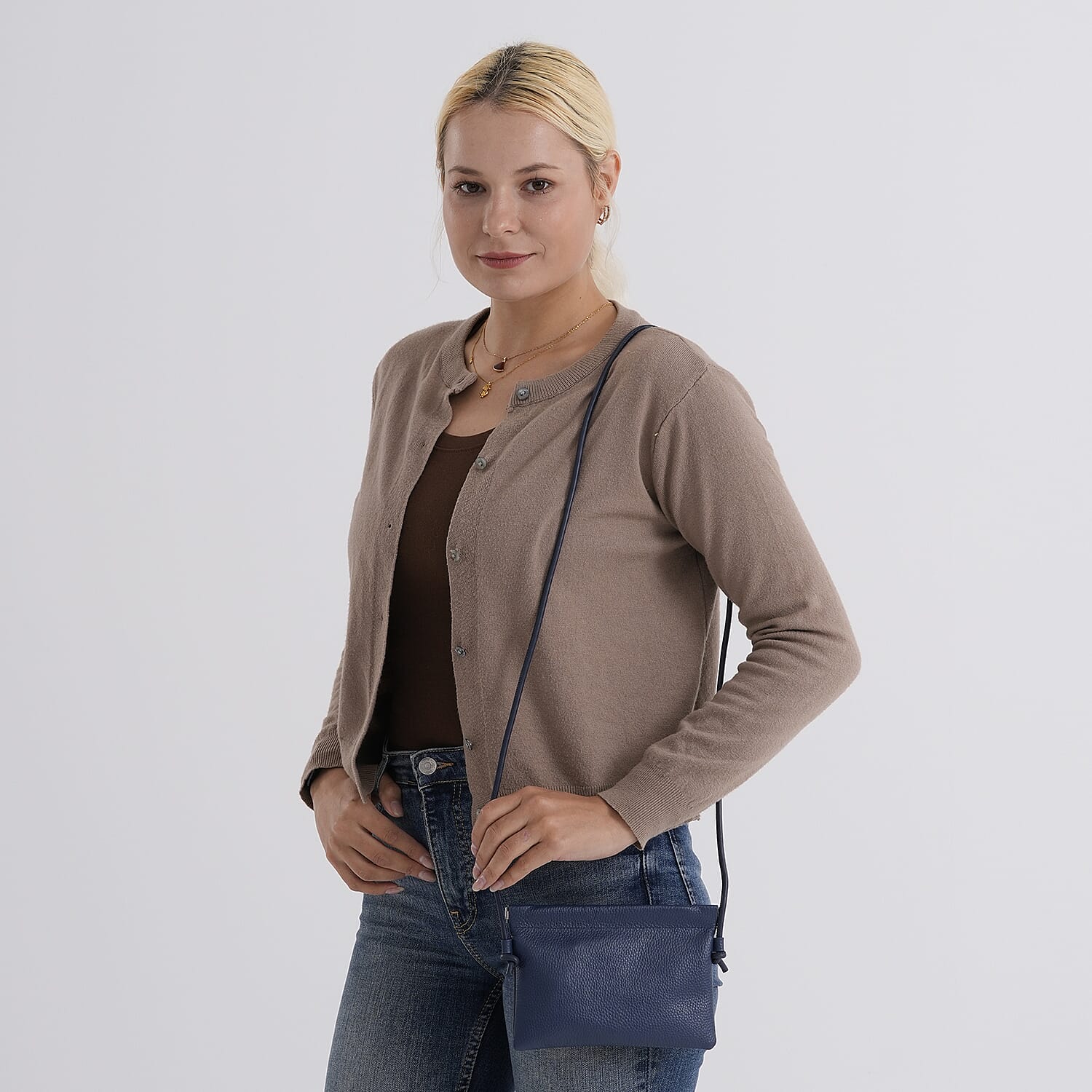 Genuine Leather Slim Crossbody Bag - Blue