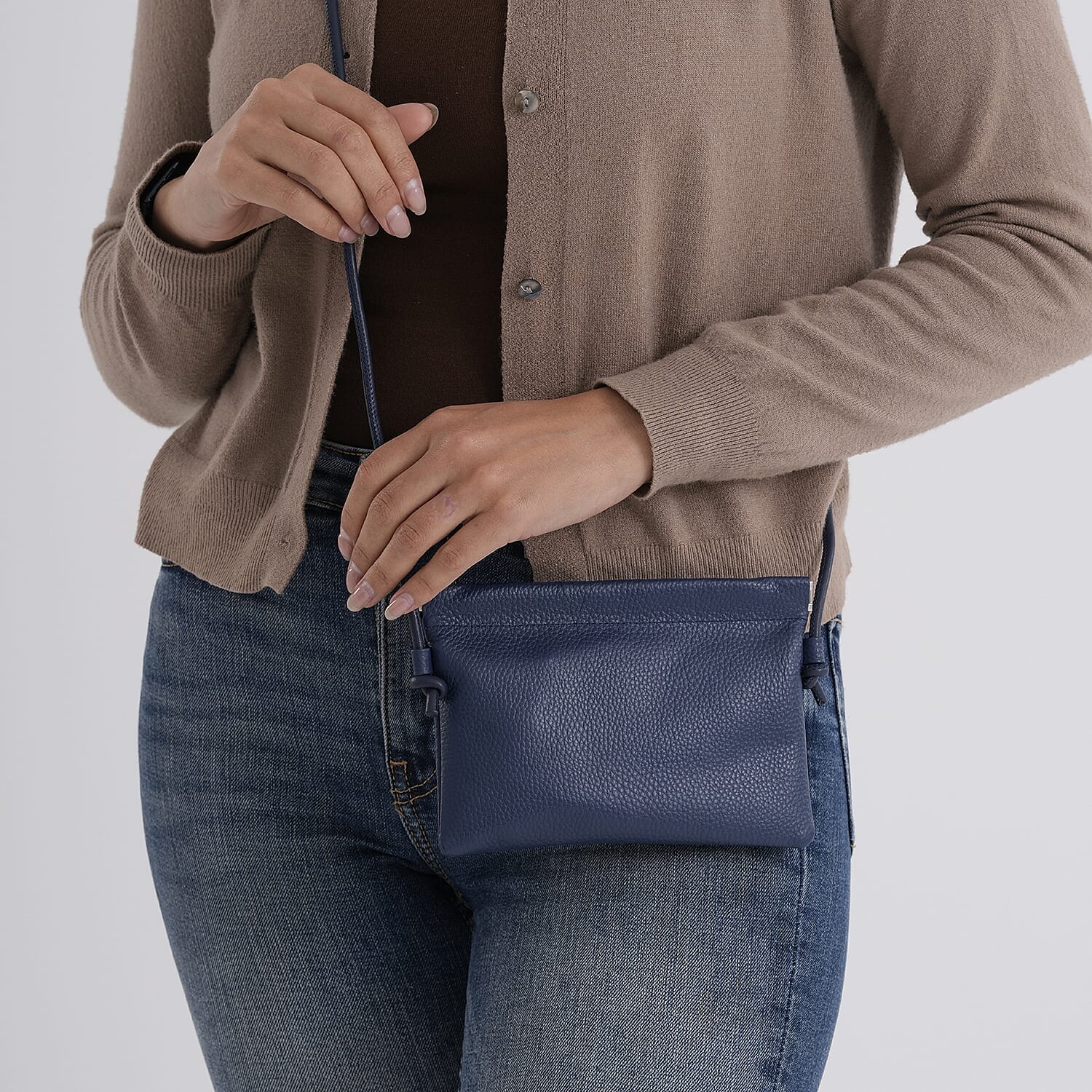 Genuine Leather Slim Crossbody Bag - Blue