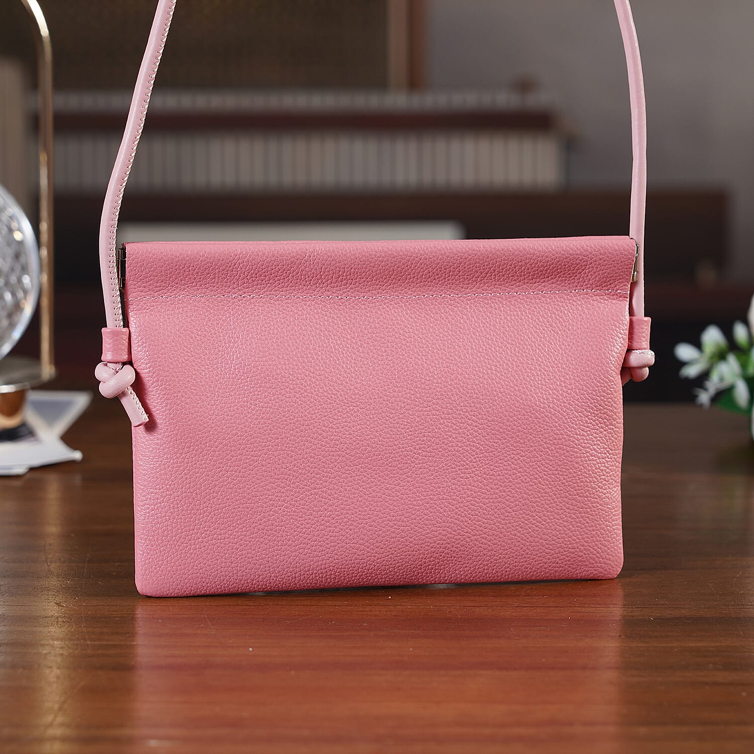 Genuine Leather Slim Crossbody Bag - Pink