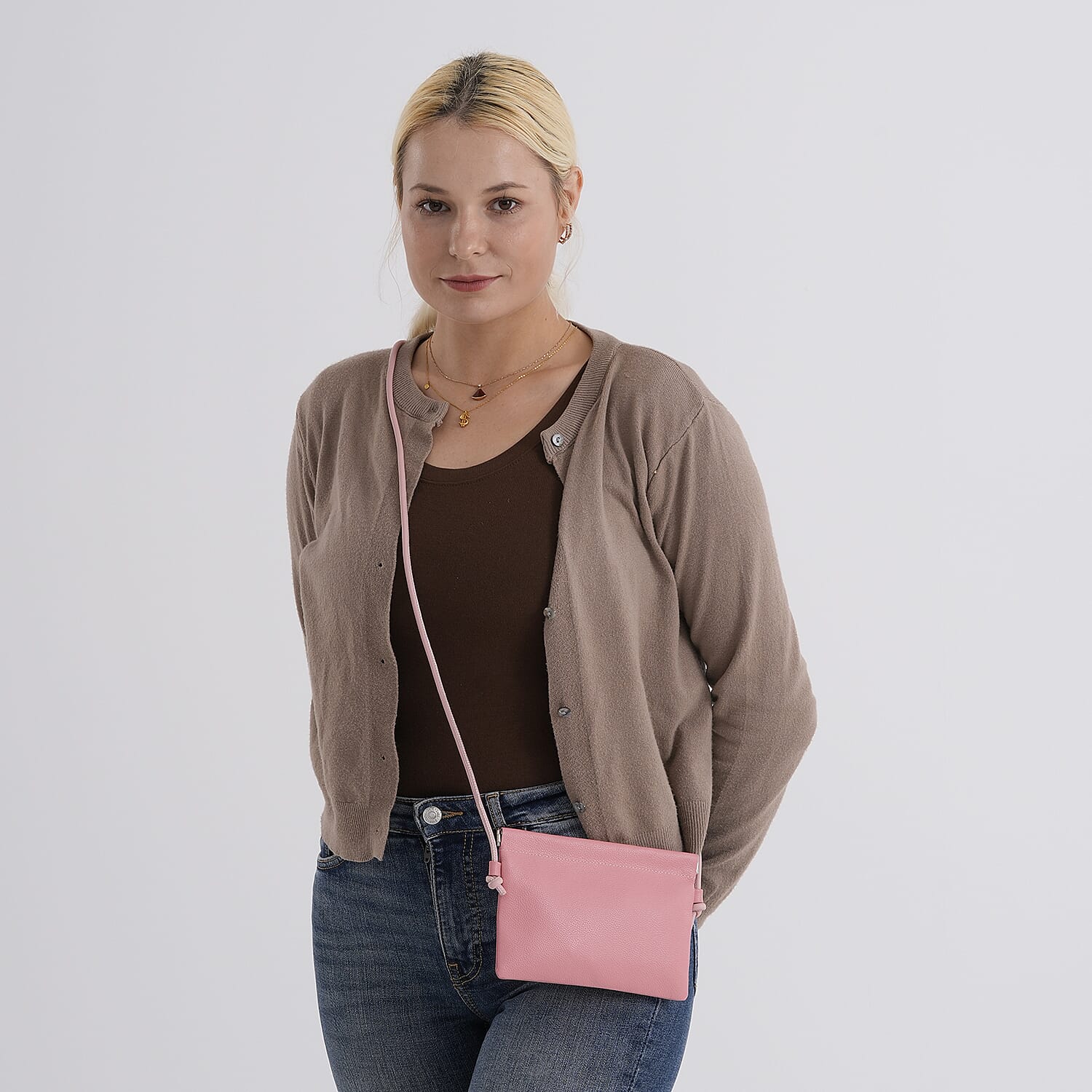 Genuine Leather Slim Crossbody Bag - Pink