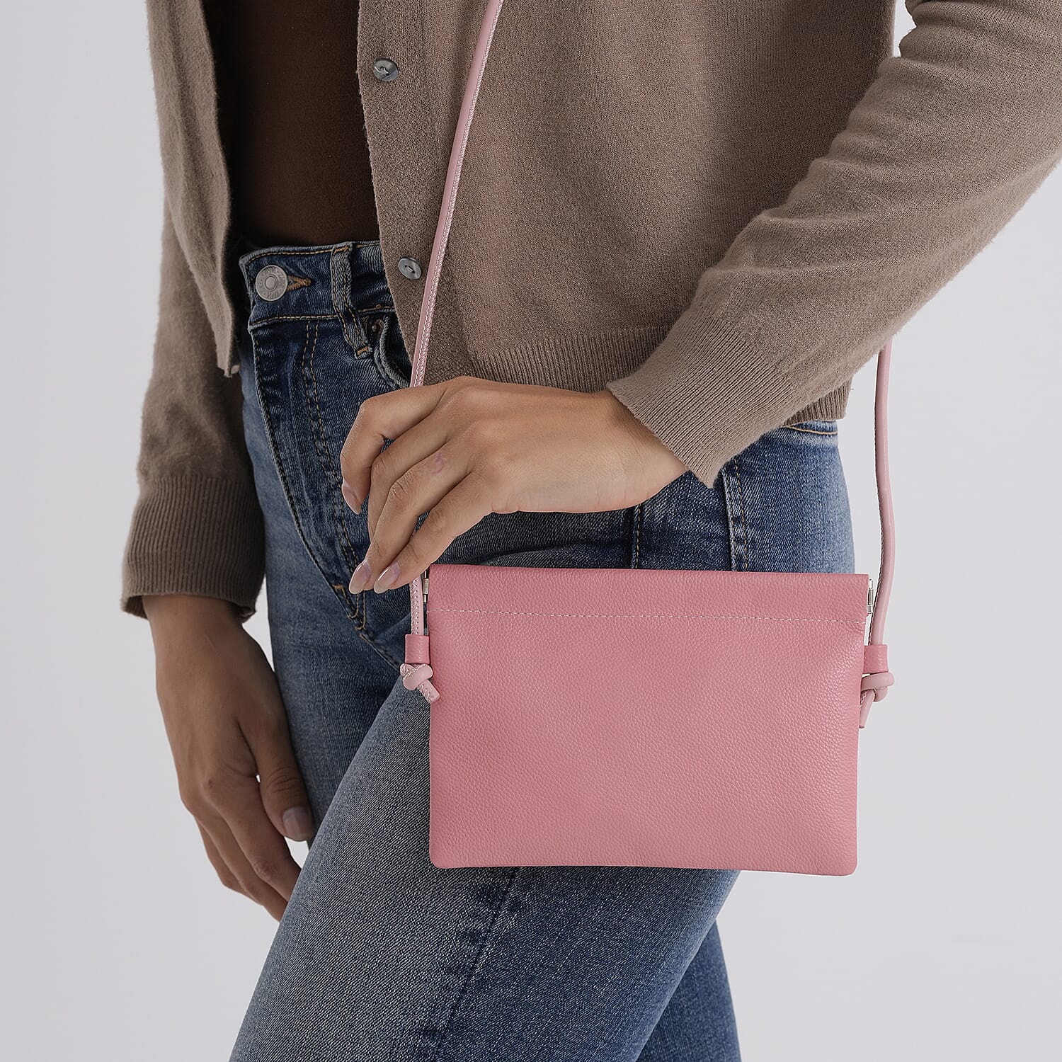 Genuine Leather Slim Crossbody Bag - Pink