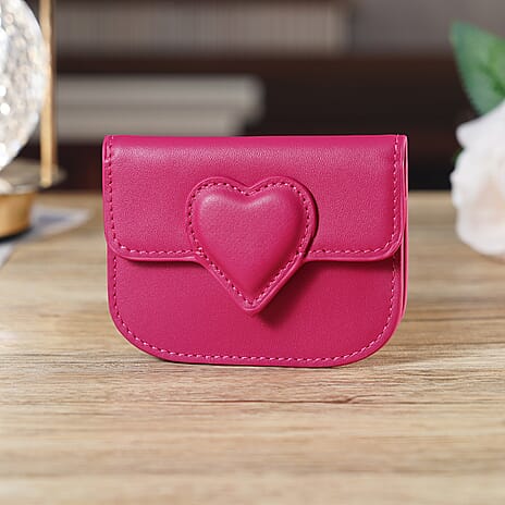 Designer Inspired Genuine Leather Heart Detail Mini Wallet - Hot Pink