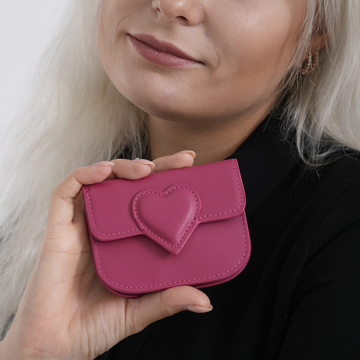 Designer Inspired Genuine Leather Heart Detail Mini Wallet - Hot Pink