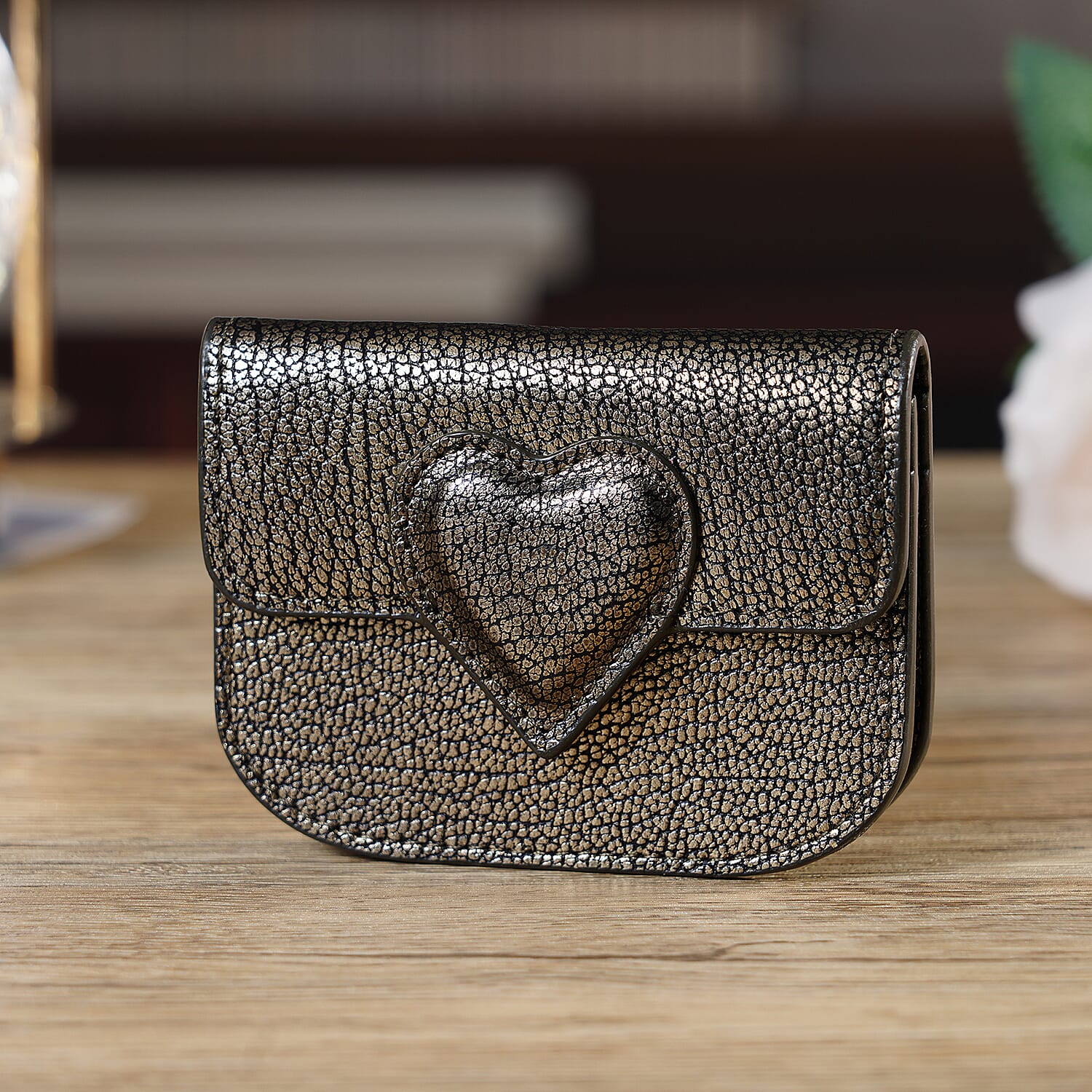 Designer Inspired Genuine Leather Heart Detail Mini Wallet - Black & Gold