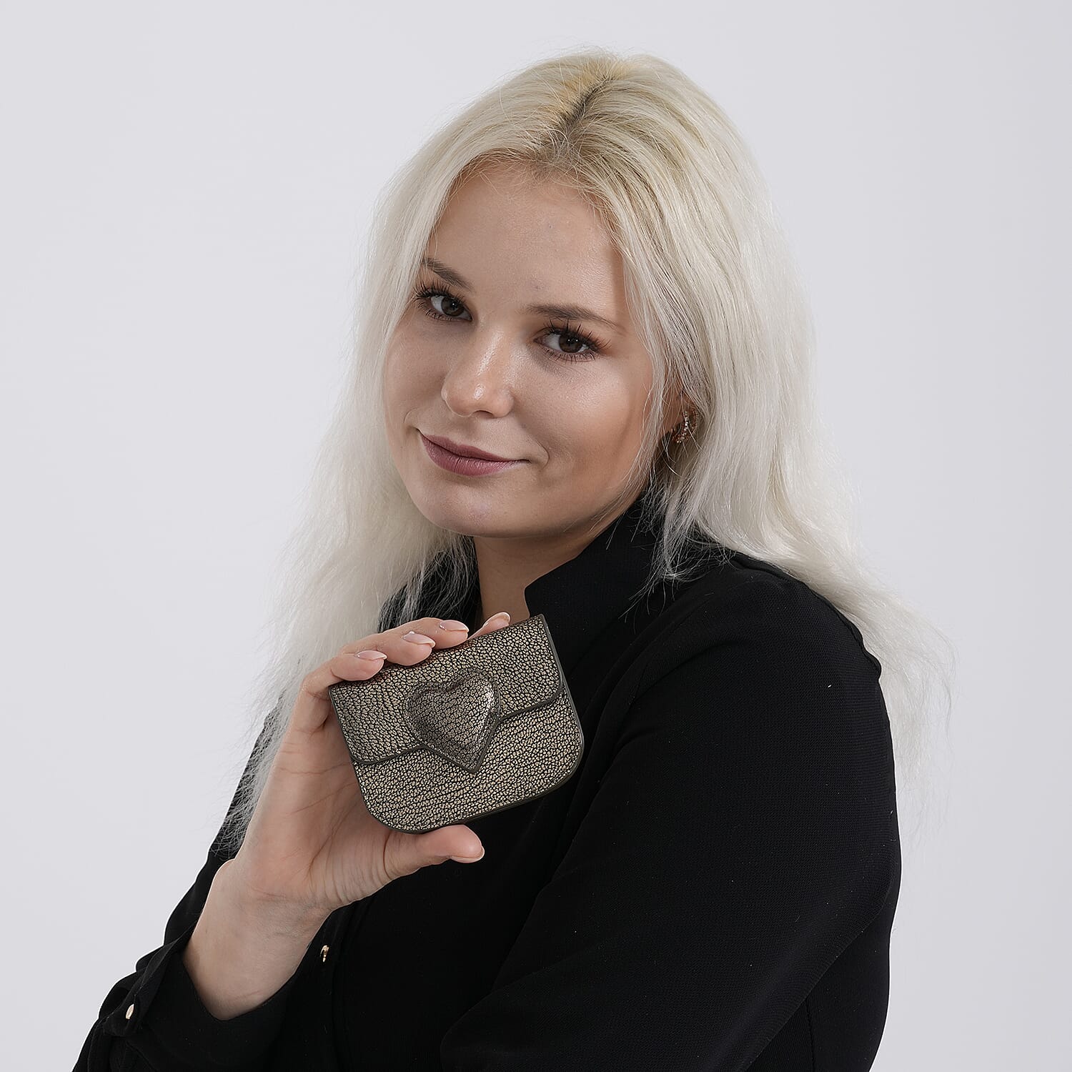 Designer Inspired Genuine Leather Heart Detail Mini Wallet - Black & Gold