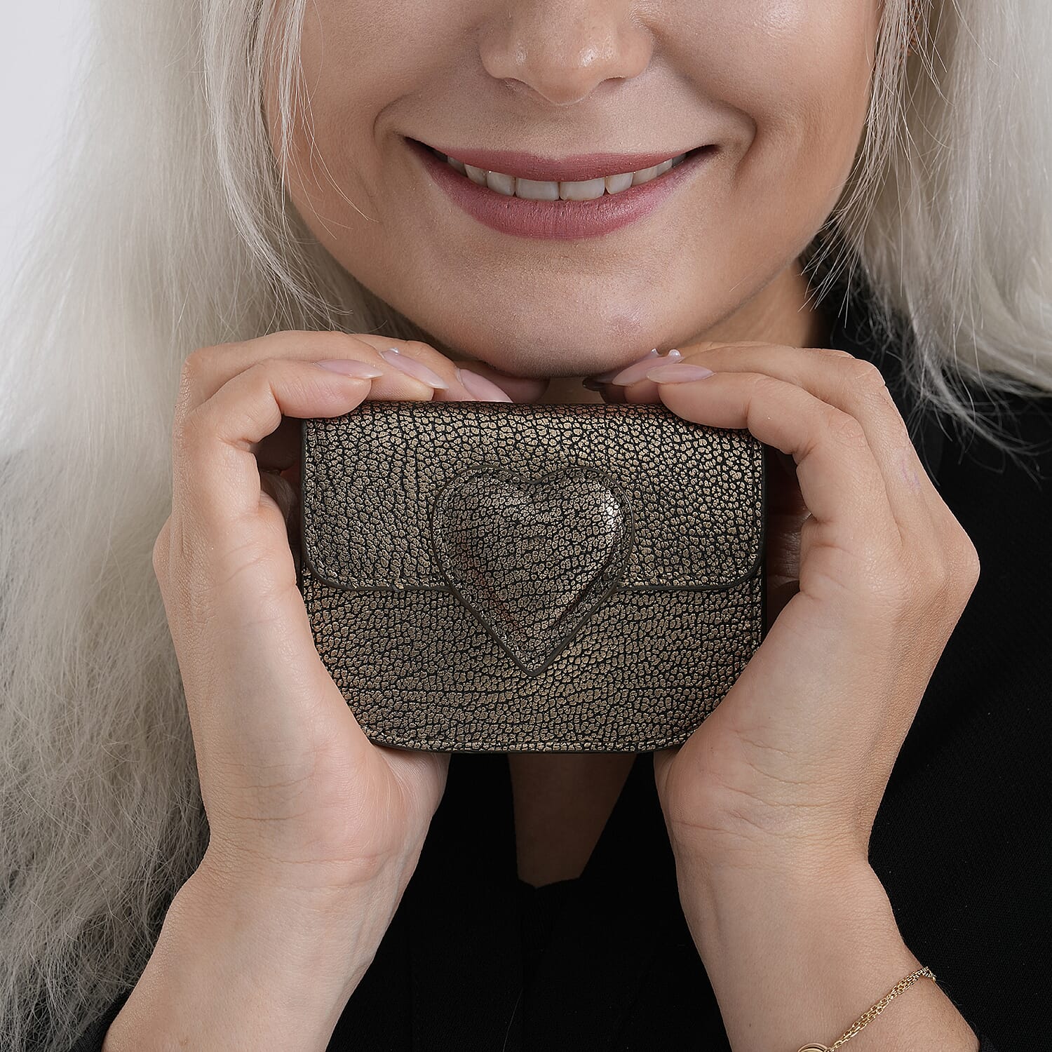 Designer Inspired Genuine Leather Heart Detail Mini Wallet - Black & Gold