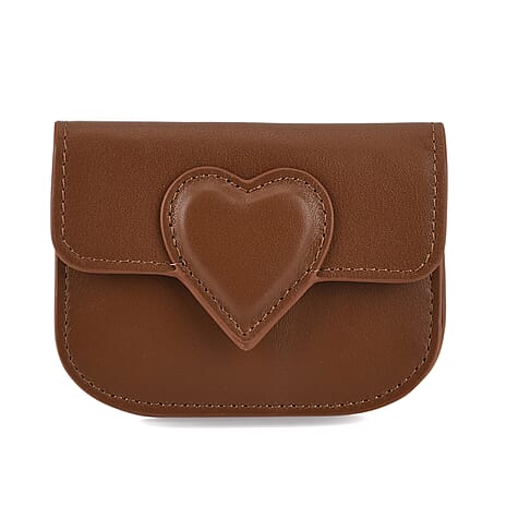 Designer Inspired Genuine Leather Heart Detail Mini Wallet - Brown