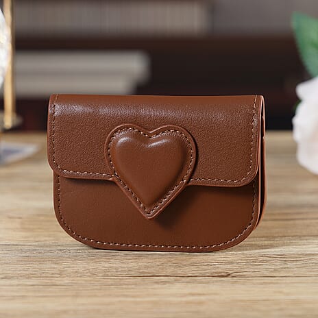 Designer Inspired Genuine Leather Heart Detail Mini Wallet - Brown