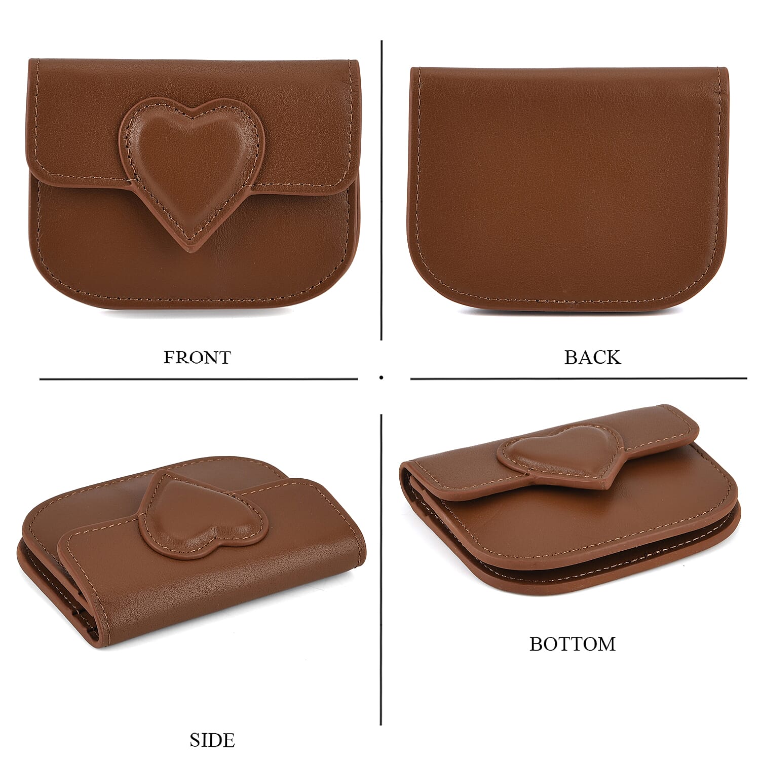 Designer Inspired Genuine Leather Heart Detail Mini Wallet - Brown