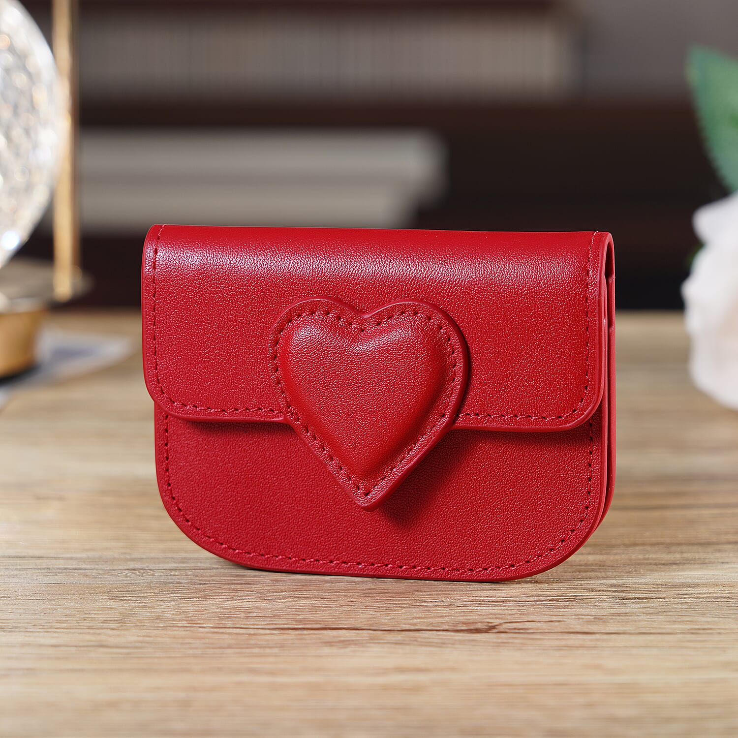 Designer Inspired Genuine Leather Heart Detail Mini Wallet - Red