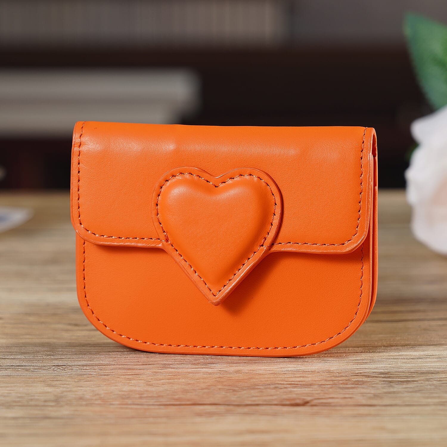 Designer Inspired Genuine Leather Heart Detail Mini Wallet - Orange
