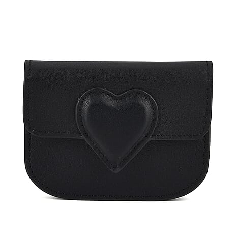Designer Inspired Genuine Leather Heart Detail Mini Wallet - Black