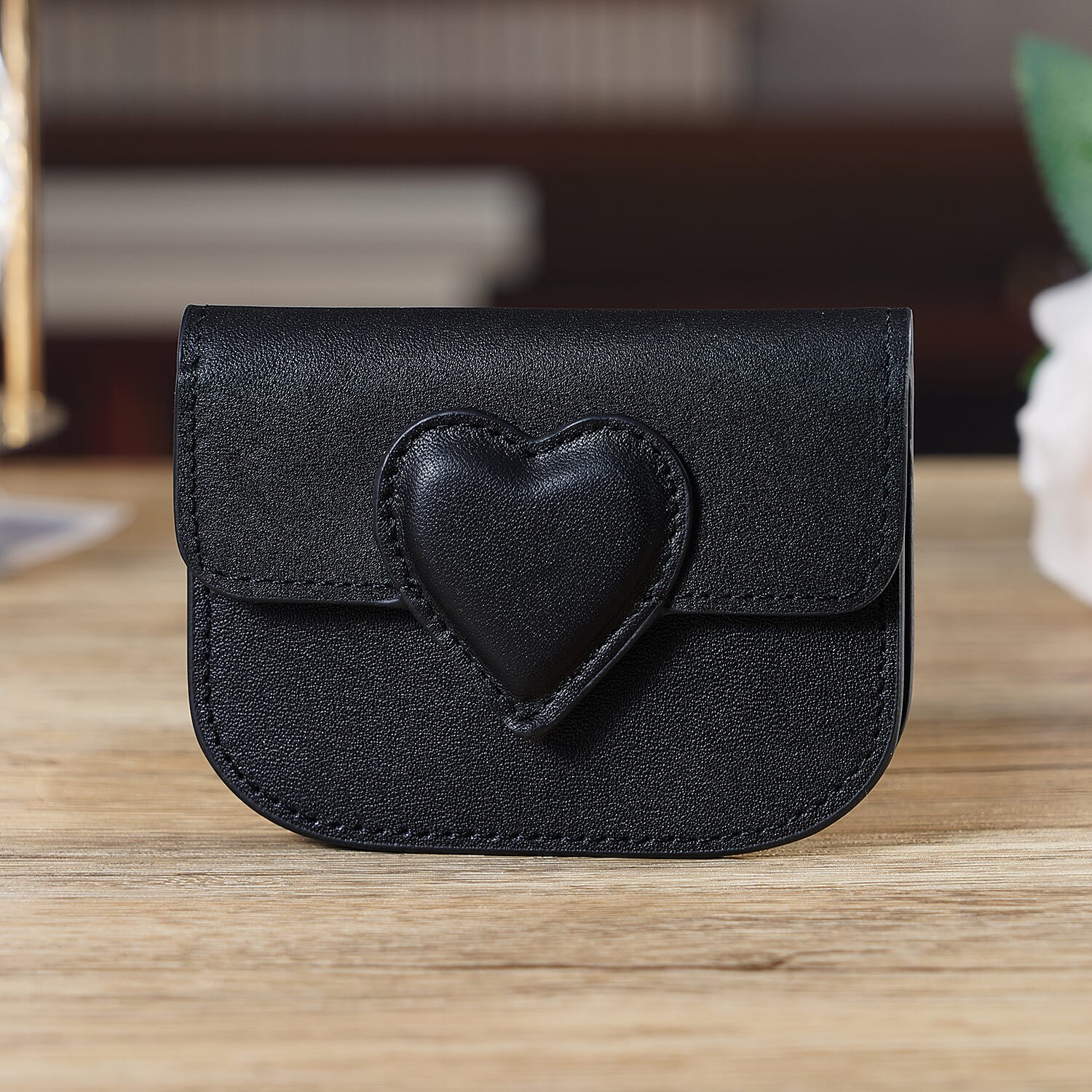 Designer Inspired Genuine Leather Heart Detail Mini Wallet - Black