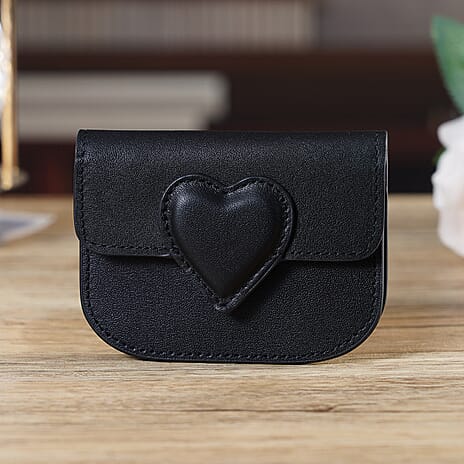 Designer Inspired Genuine Leather Heart Detail Mini Wallet - Black