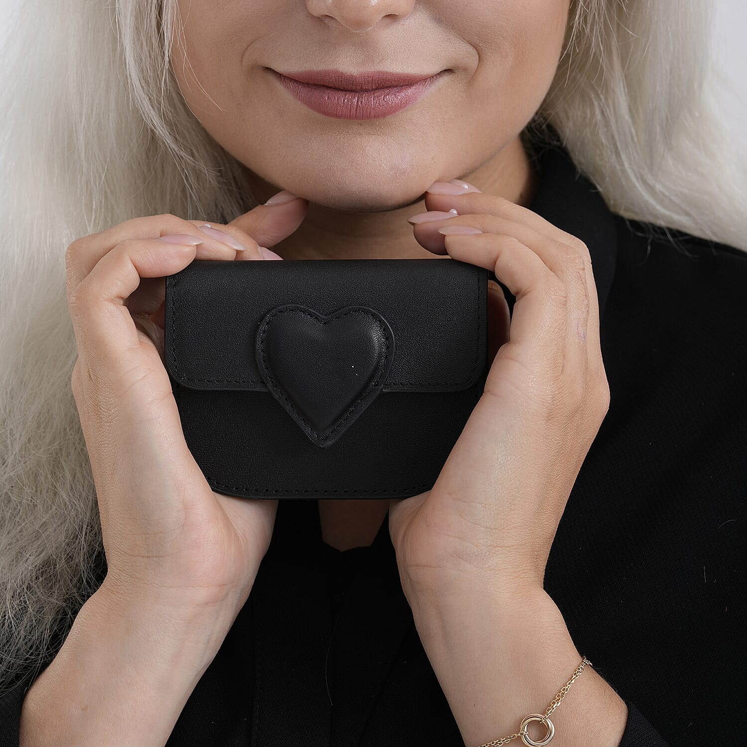 Designer Inspired Genuine Leather Heart Detail Mini Wallet - Black