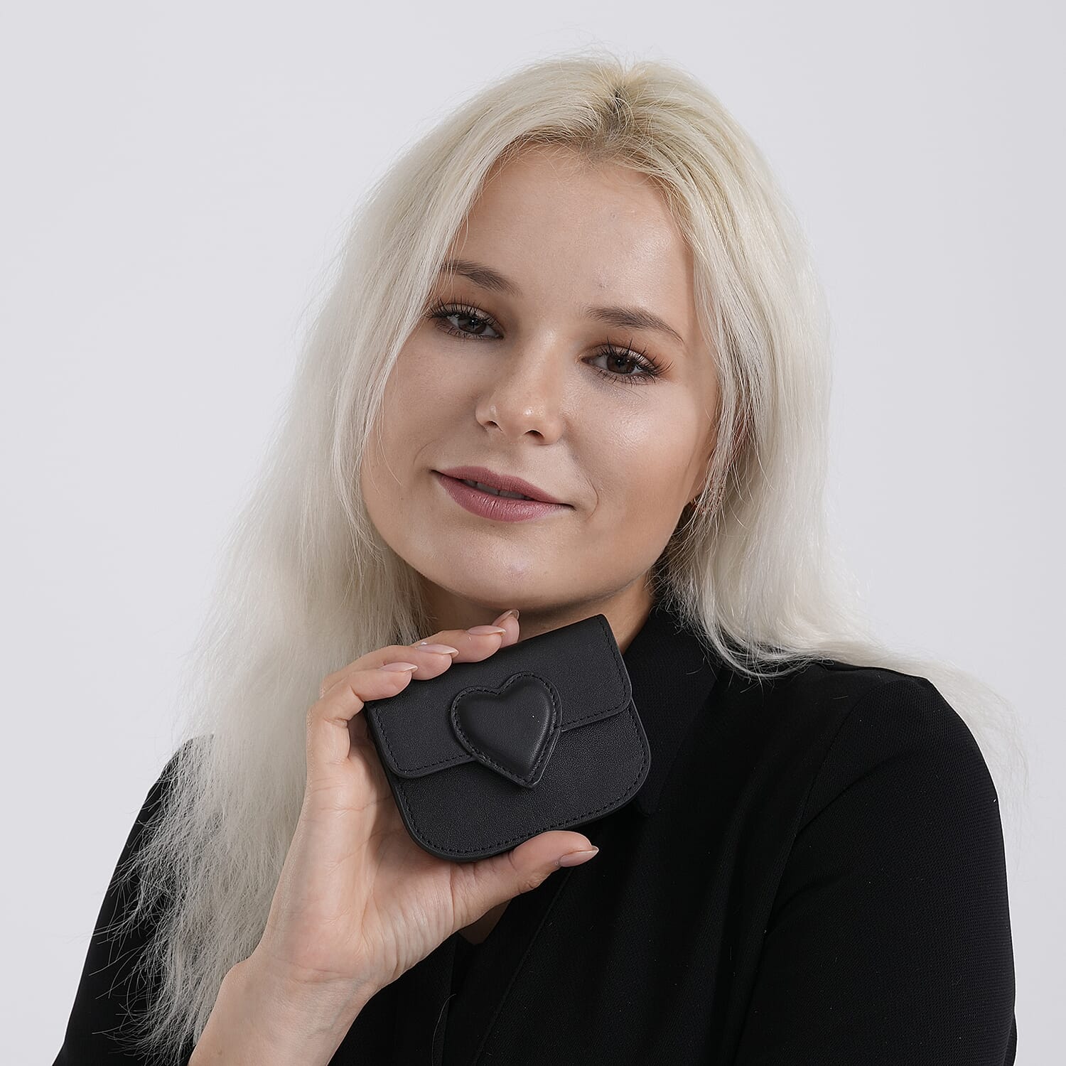 Designer Inspired Genuine Leather Heart Detail Mini Wallet - Black