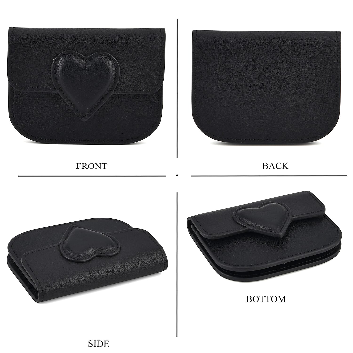 Designer Inspired Genuine Leather Heart Detail Mini Wallet - Black