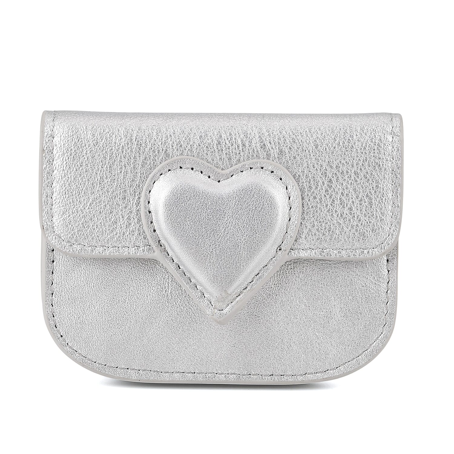 Designer Inspired Genuine Leather Heart Detail Mini Wallet - Silver