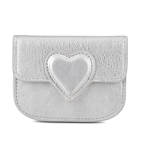 Designer Inspired Genuine Leather Heart Detail Mini Wallet - Silver