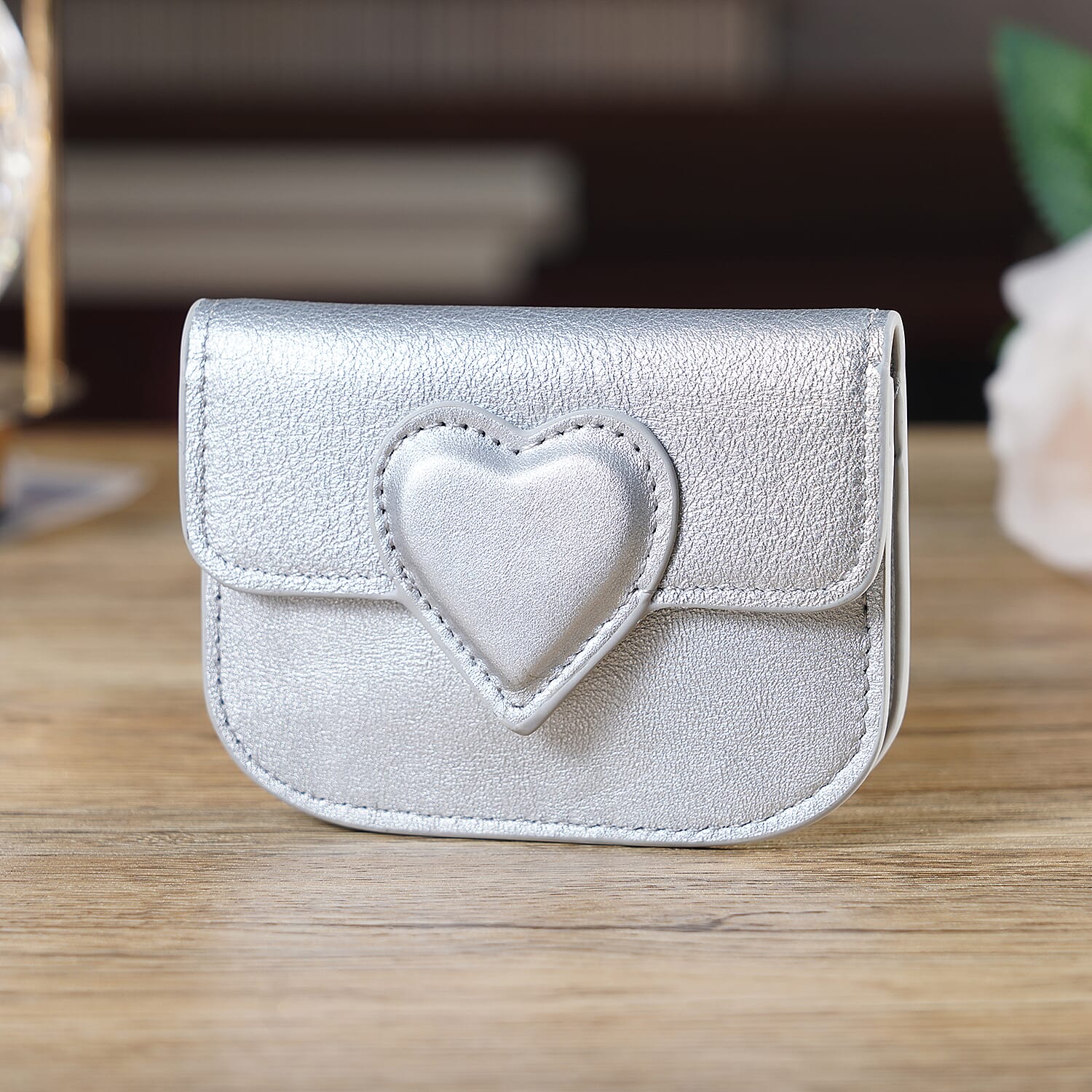 Designer Inspired Genuine Leather Heart Detail Mini Wallet - Silver