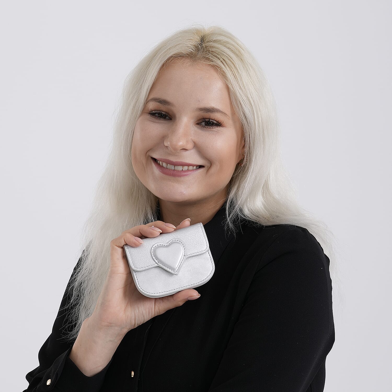 Designer Inspired Genuine Leather Heart Detail Mini Wallet - Silver