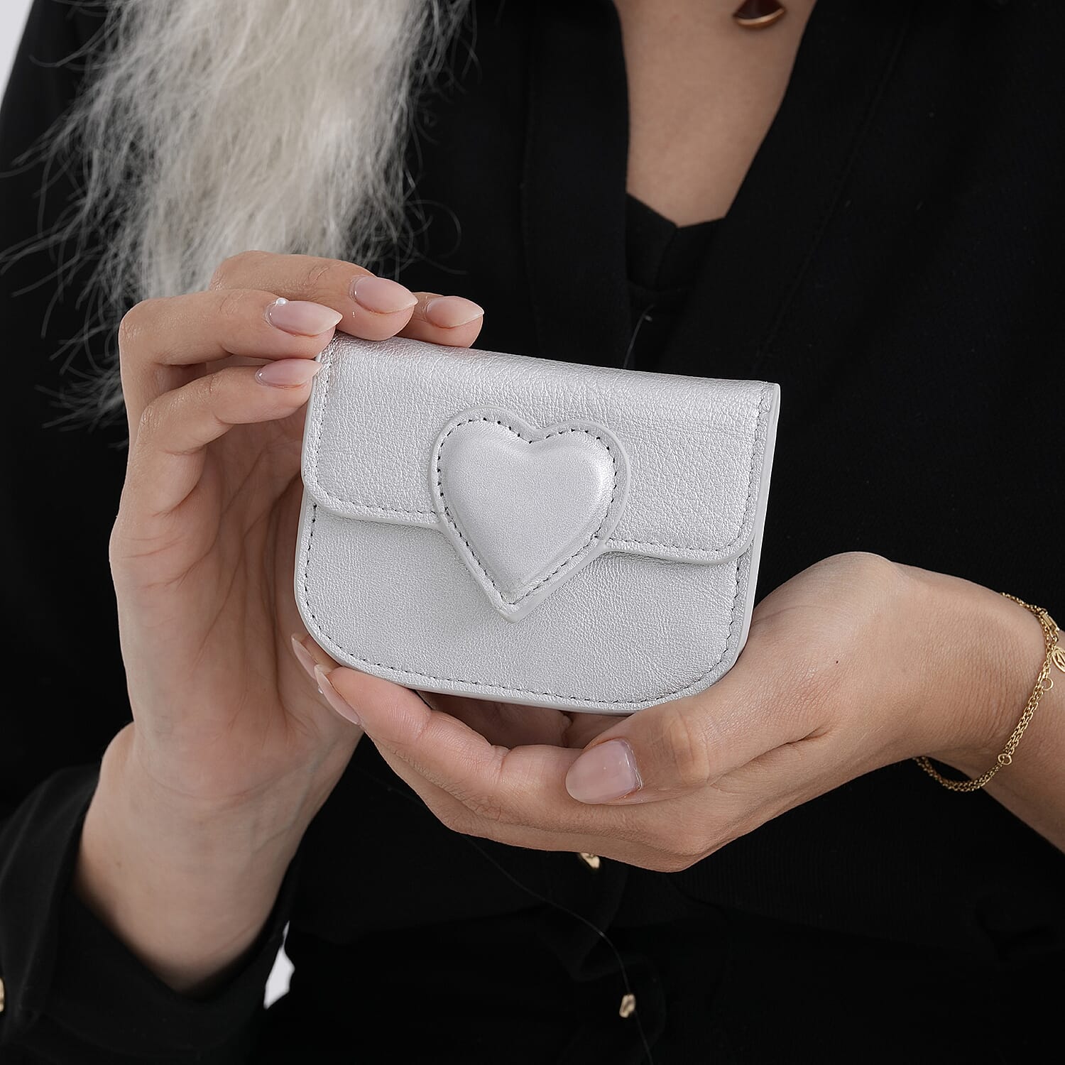 Designer Inspired Genuine Leather Heart Detail Mini Wallet - Silver