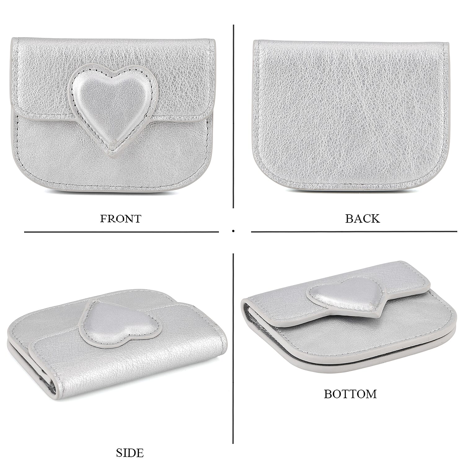 Designer Inspired Genuine Leather Heart Detail Mini Wallet - Silver